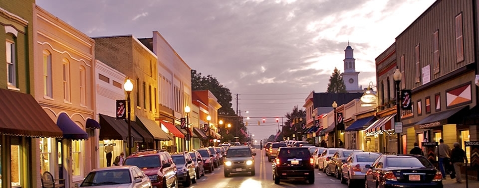 View in the evening of historic downtown Apex NC